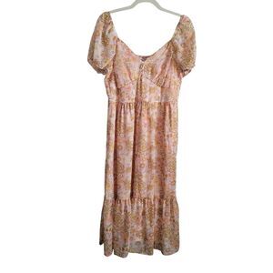 Mimi Chica Floral Babydoll Midi Dress Womens Large Coquette Milkmaid Puff Sleeve